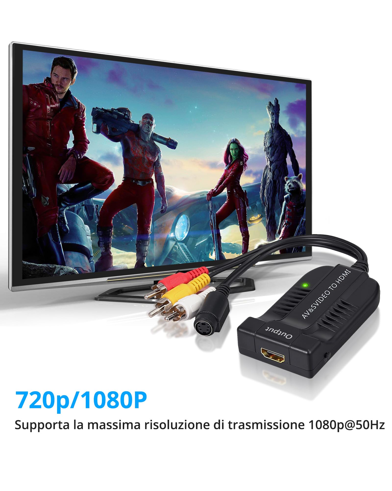 eSynic Convertitore RCA CVBS S-Video Maschio a HDMI Adattatore da 3RCA Composito S Video a HDMI 1080P con Cavo di Alimentazione DC Supporta PAL NTSC per HDTV DVD VHS VCR DVD Registratore