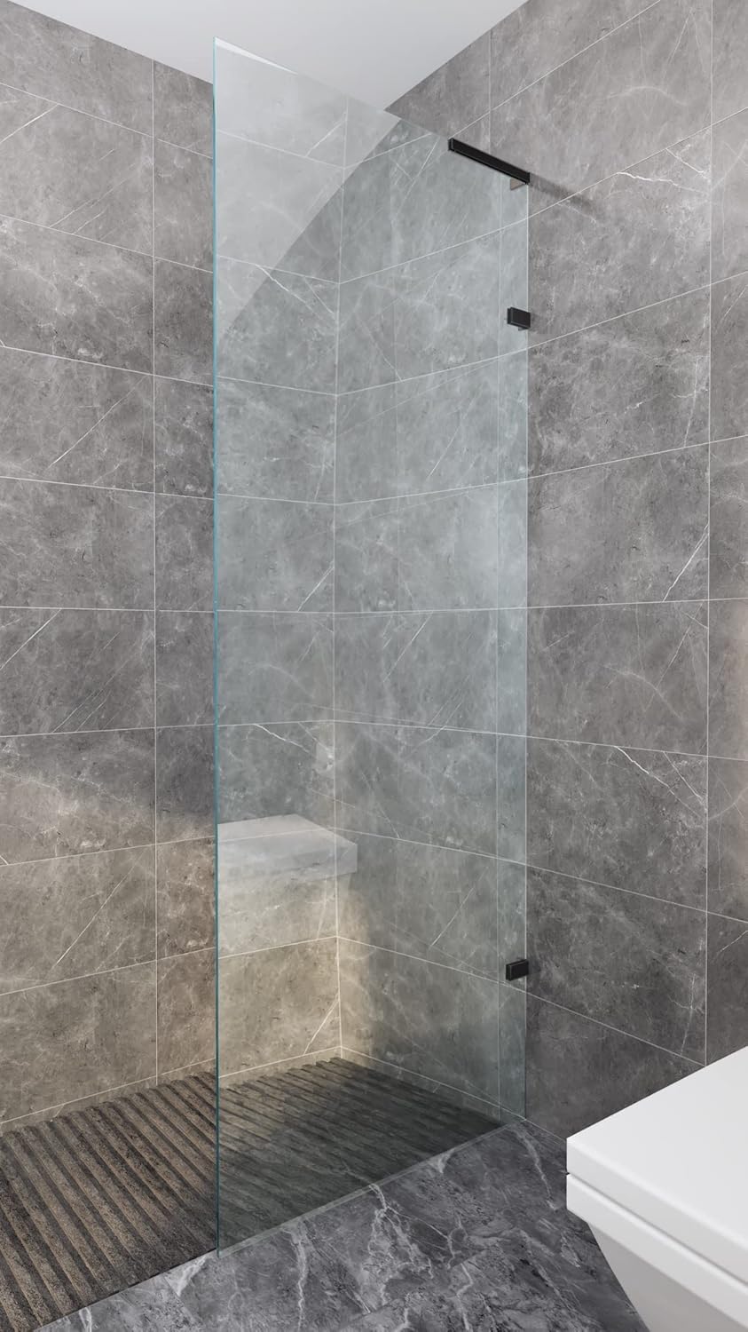 LukLoy Fixed Glass Support Bracket Stabilizer Brace, Frameless Glass to Wall Clamp Shower Glass Support Bar L Shape Mounting Bracket, No-Drill-in-Glass. (Glass on Right, Matte Black)