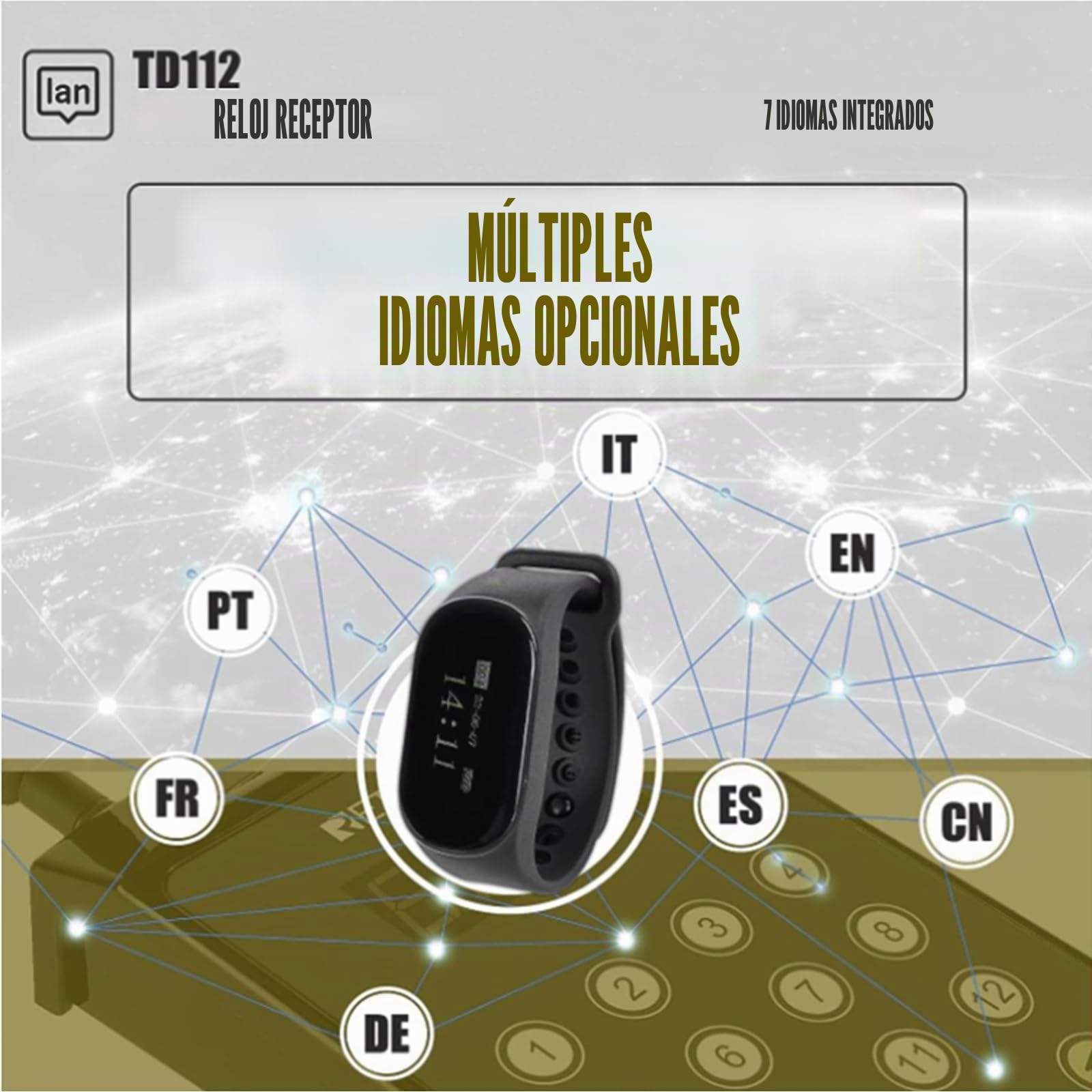 Retekess T128 Sistema de Llamadas Inalámbricas, Receptor Reloj Recargable | para Restaurante, Hotele, Bare, 300M Distancia, 48H, Impermeable IPX7, 7 Idiomas Integrados, Uno a Muchos