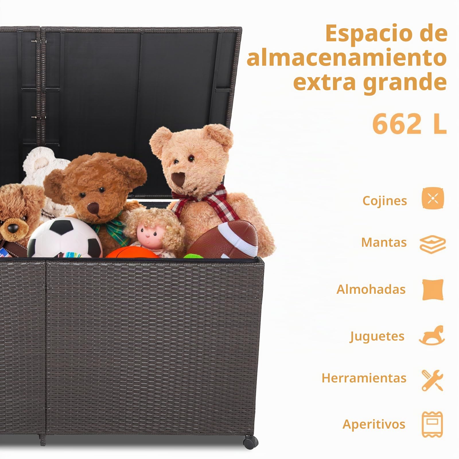LIFEZEAL 662 L Caja de almacenaje de ratán PE, baúl de almacenamiento para exterior con 2 ruedas universales, cubierta impermeable con cremallera, Arcon para jardín, balcón, 150x77x73 cm