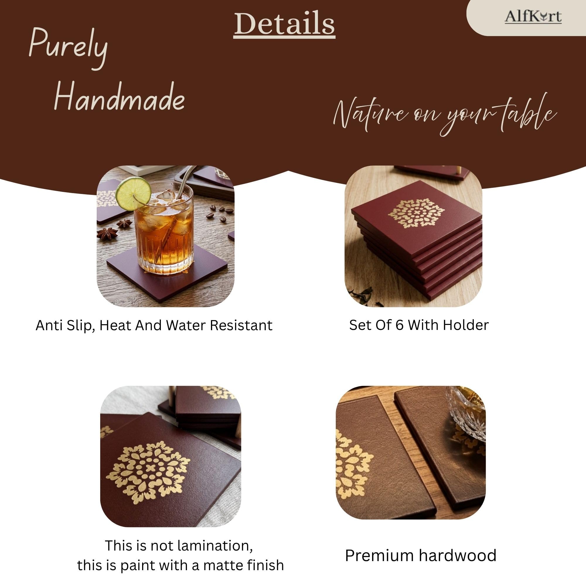 Premium Handmade Wooden Tea Coasters for Dining Table Set of 4 with Holder 150°C high Heat Resistant Drink Coasters for Coffee Mugs, Cups and Glasses hardWood walnut with golden design Gifting — Amazon image 3