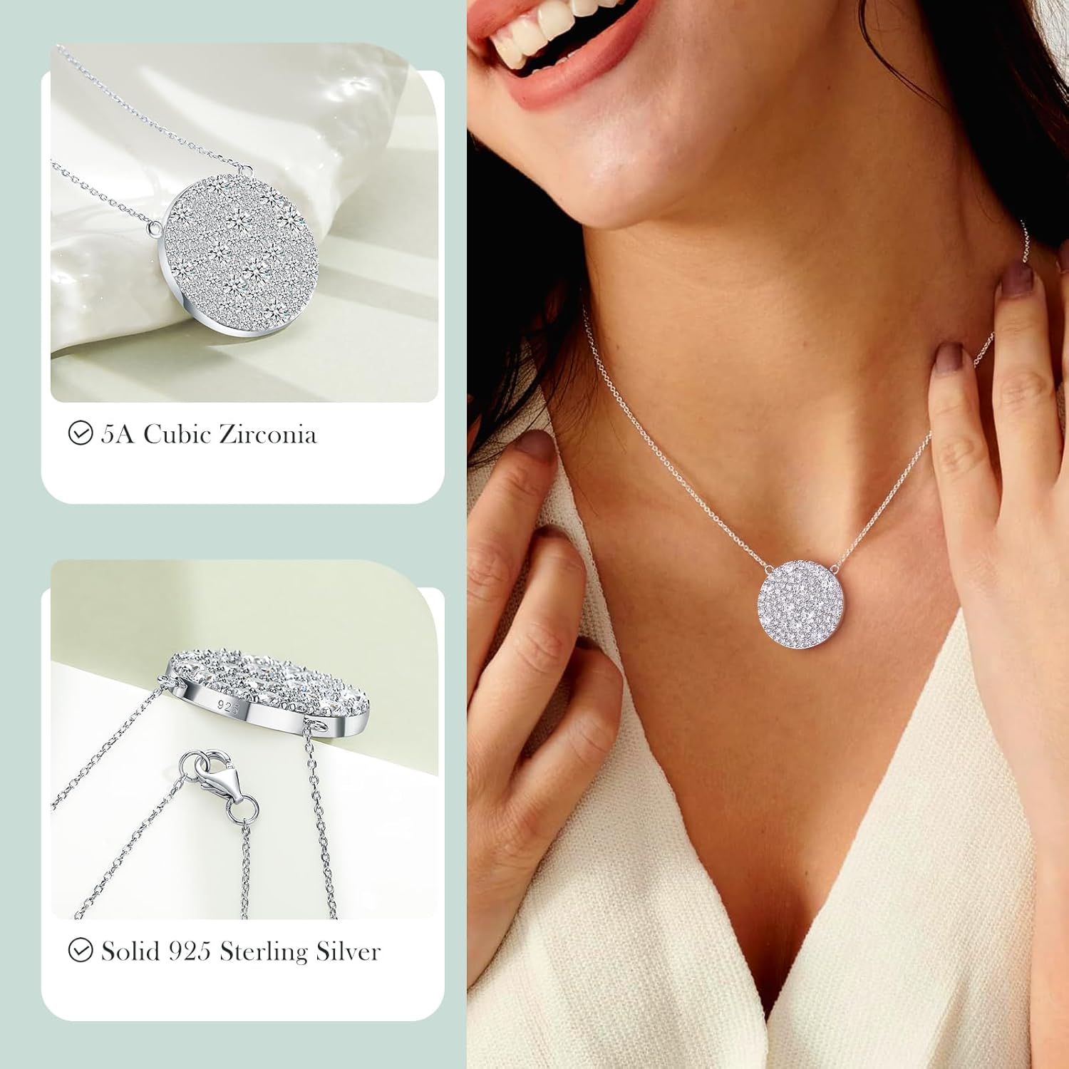 14K Gold Plated /925 Sterling Silver 18 Inch Pave Round Disc/Heart Pendant Necklace for Women Cubic Zirconia/Created Citrine/Ruby/Sapphire Fashion Jewelry - Image 3