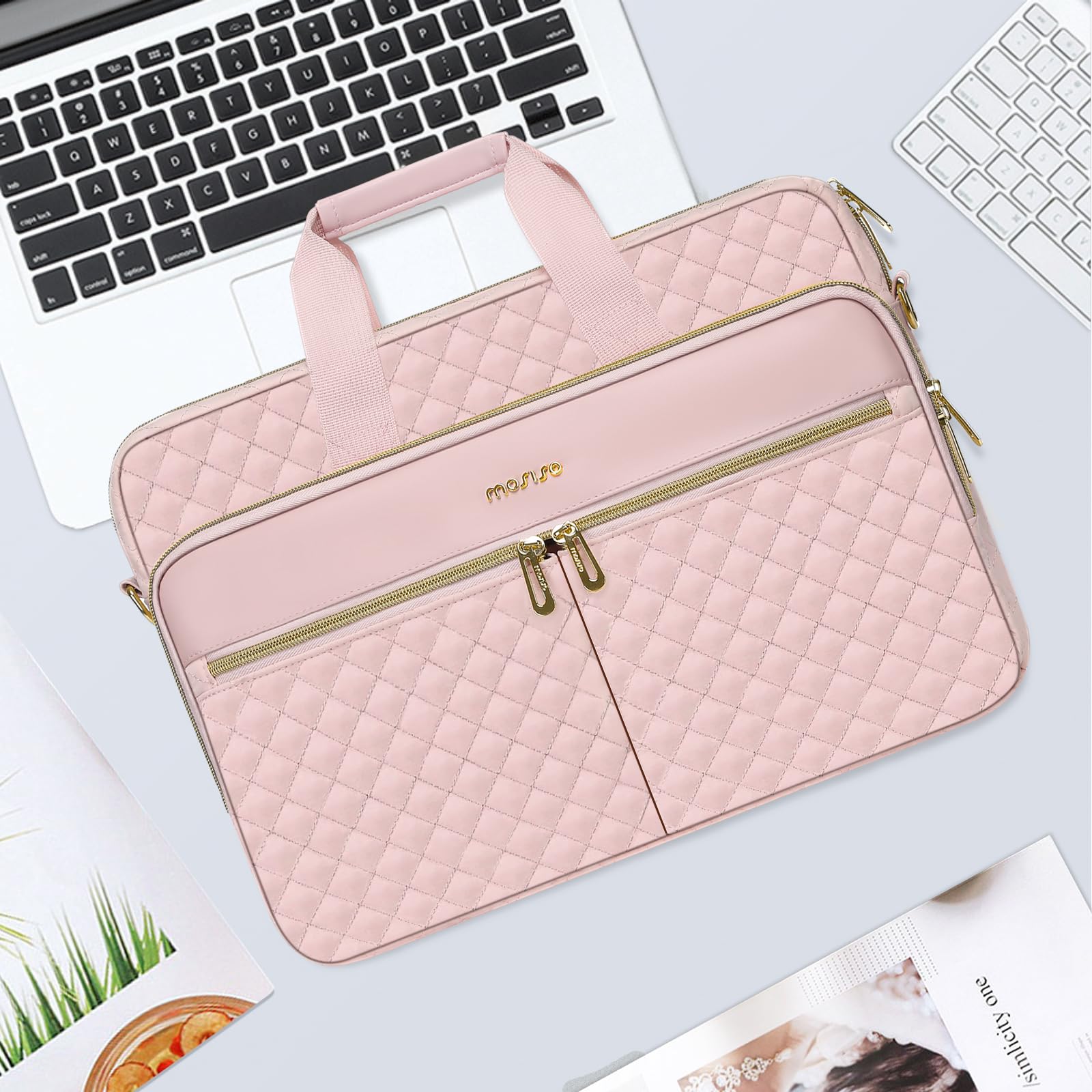 MOSISO 15-15,6 Pollici Borsa Porta Tracolla PC Laptop,Valigetta per Donne&Uomini,16 Pollici Quadrato Trapuntato Borsa Porta Computer Ufficio Viaggi Affari con 3 Tasche&Cinturino,Rosa