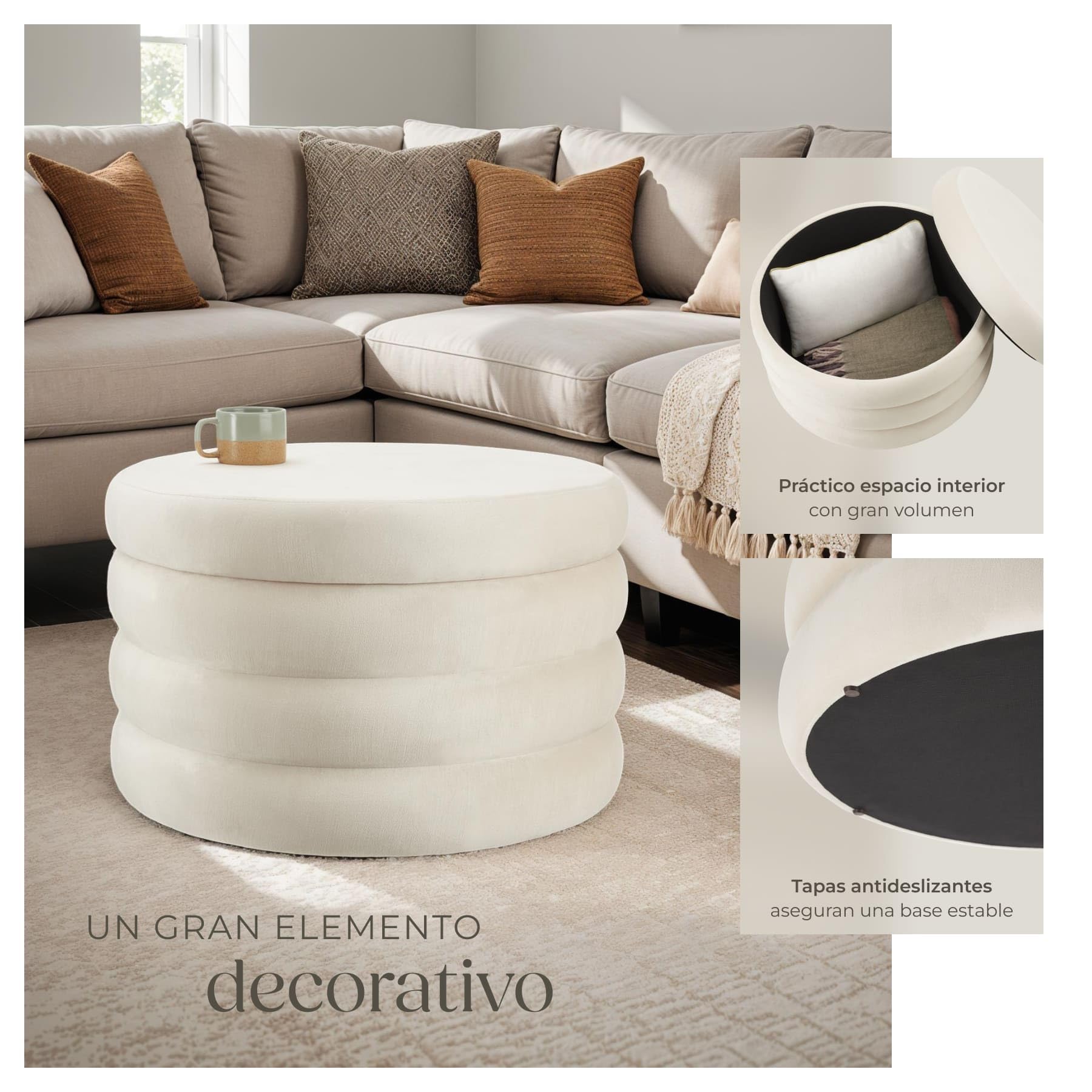 tectake® Taburete Almacenaje Bouclé, Carga: 150 kg, MDF, Puff Almacenaje, Taburete Dormitorio, Reposapies Puff, Zapatero Entrada Recibidor, Asiento Acolchado, Ideal Salón - 67 x 42 cm Blanco/Crema