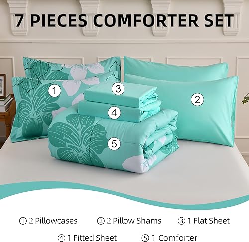 Miniatura 7 de Luxudecor Juego de edredón floral tamaño King, 7 piezas de cama en una bolsa, juego de edredón y sábanas de microfibra suave, juego completo de ropa