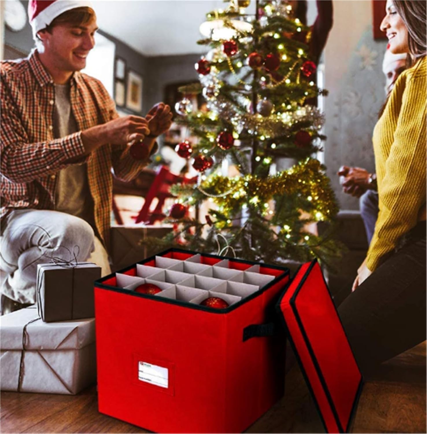 Artificial Christmas Tree Storage Bag Christmas Ornament Storage Box With Lid Stores Up To 64 Holiday Ornaments Tree Cover(Red)