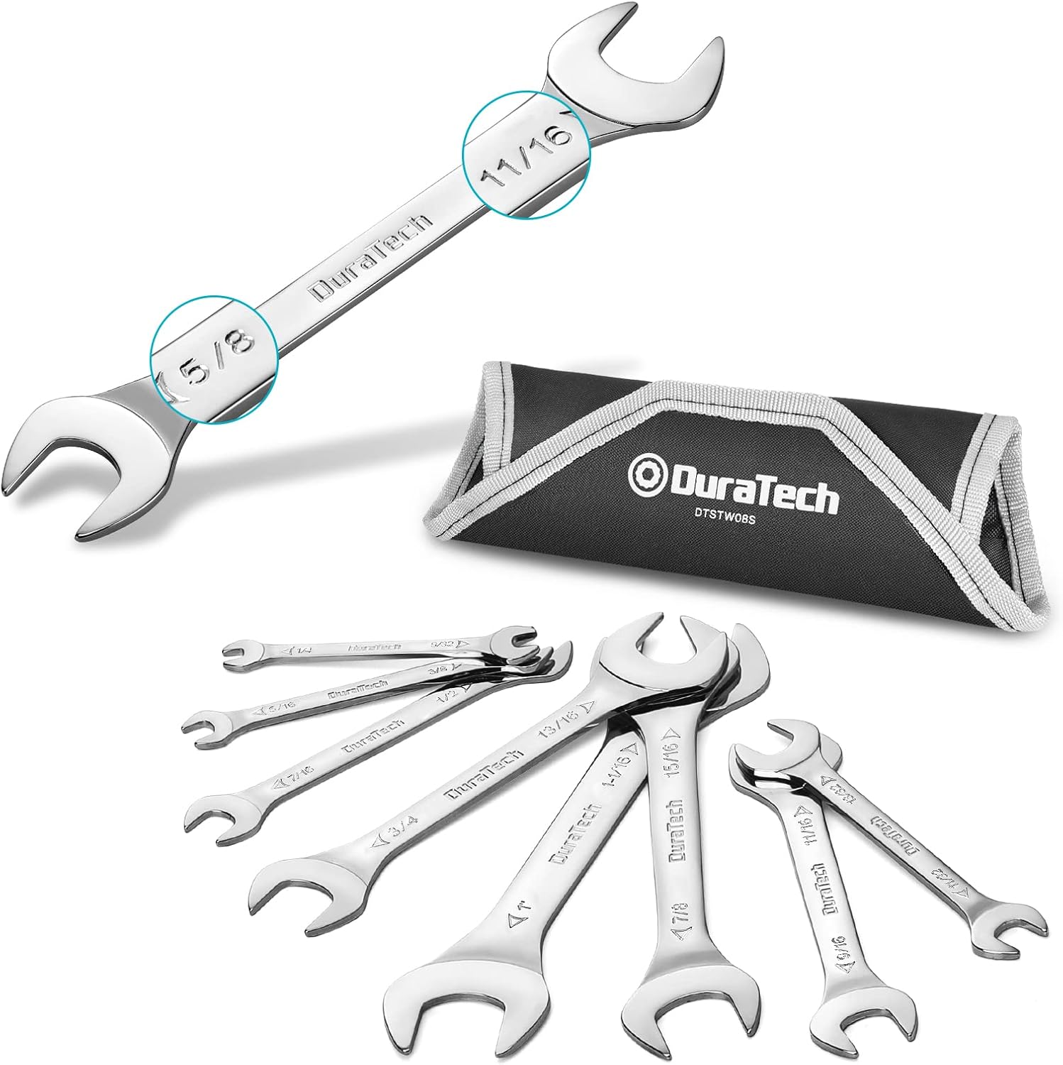 Duratech Super-Thin Double Open End Wrench Set, Carbon Steel, 1/8in, 10-Piece