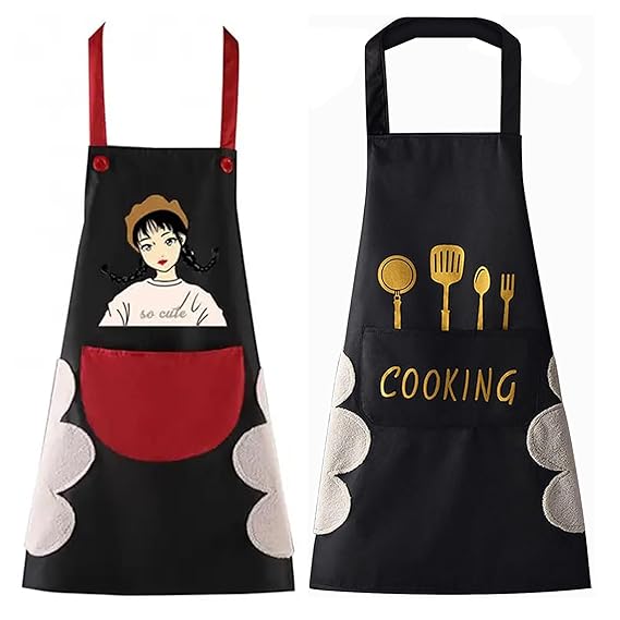 NFI essentials Pack of 2 Women Kitchen Apron with Hand Wipe Pockets, Hand-wiping, Water-drop Resistant with 2 Pockets, Chef Aprons for Kitchen, Cooking, BBQ, Cleaning