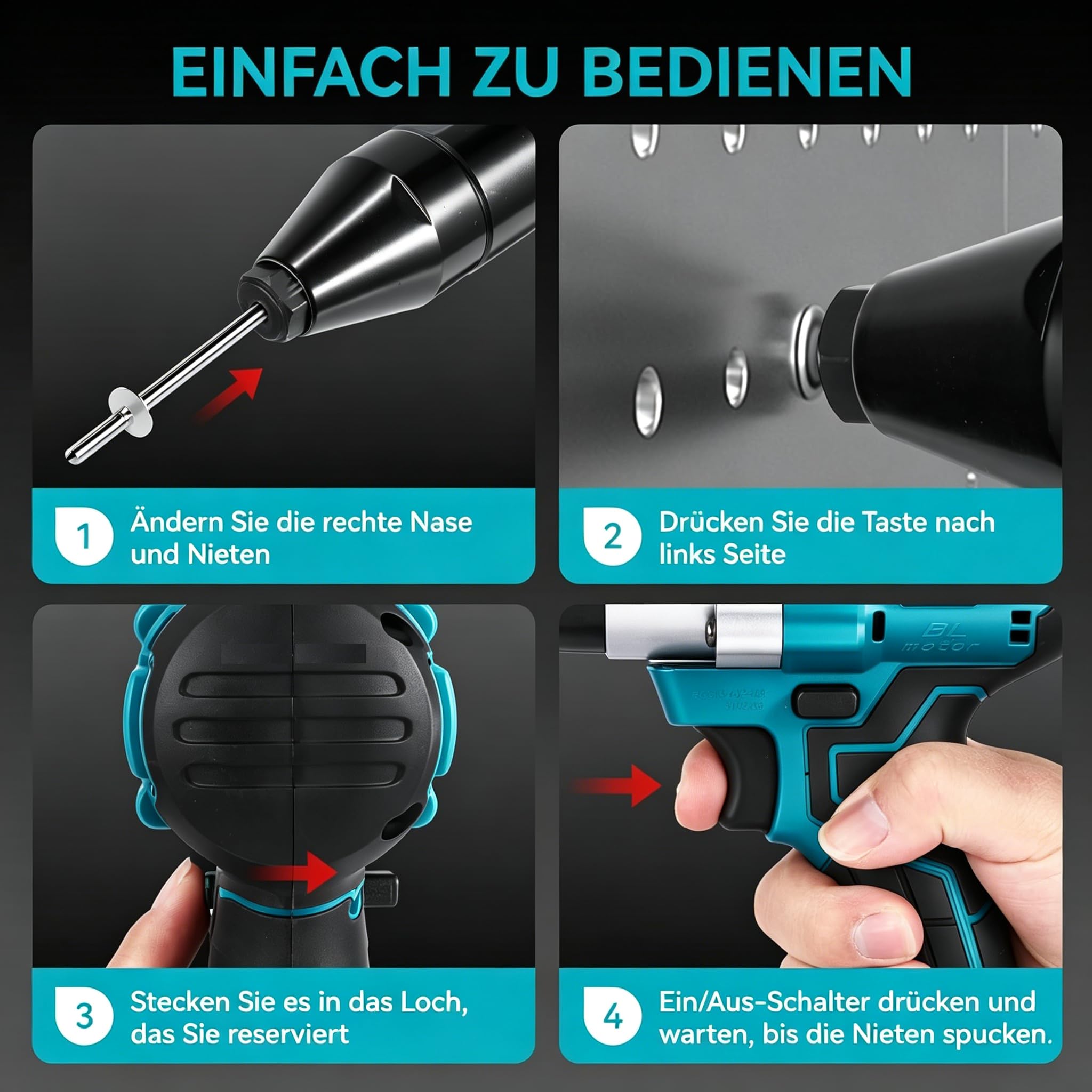 Yofidra Akku Nietzange, Nietpistole Bürstenlose Automatischer Elektrische Popnietenzange, Mit 2x2,000 mAh Akku, für Stahl- & Aluminium-Blindnieten (2,4-5,0 mm), 20 mm Hublänge