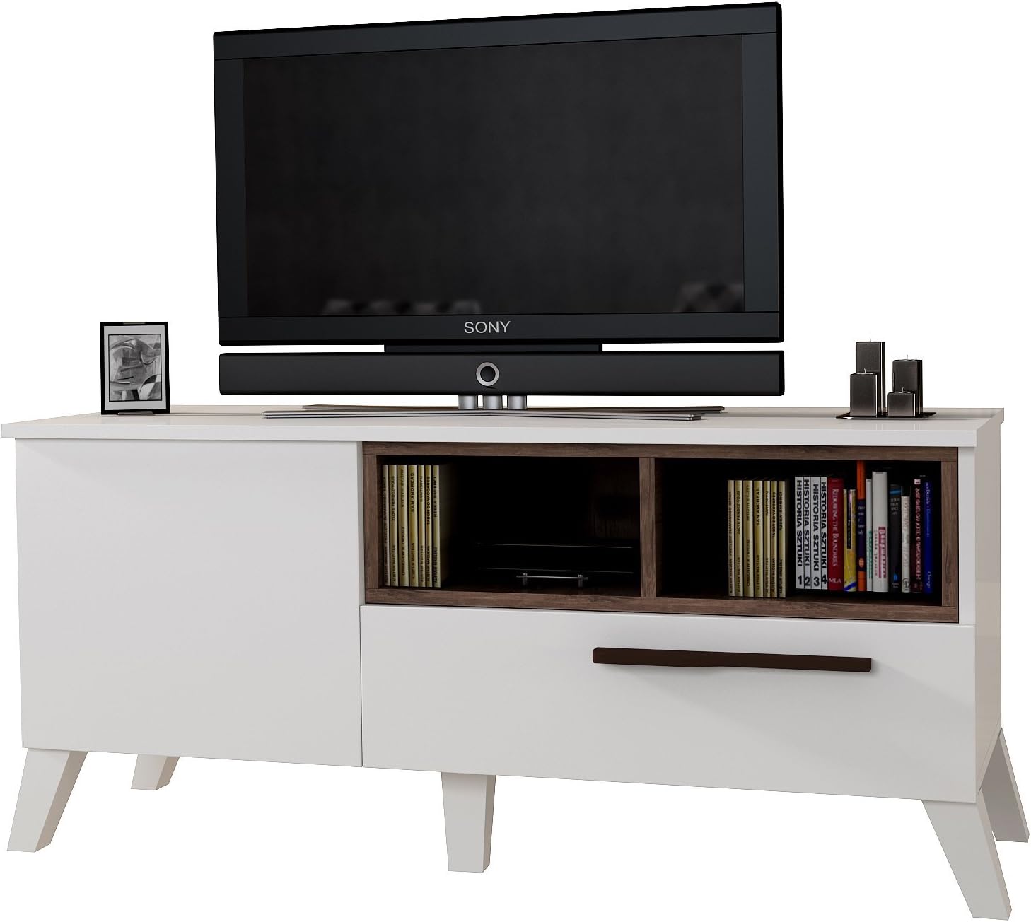 Wood Tv Stand By CLSKN: White Walnut Table For Flat Screen Television Set – Wooden Tv Furniture With Two Protective Cabinets And A Console Storage – Stylish Design Up to 48"