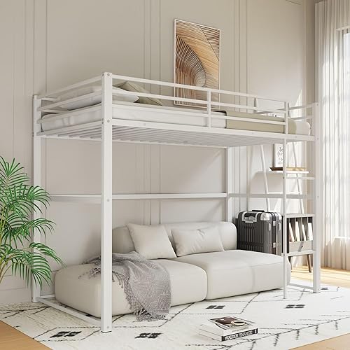 Metal Loft Bed Twin Size, Loft Bed Frame with Safety Guard Rails & Flat Ladder, Twin Loft Bed for Kids Teens Adults, White