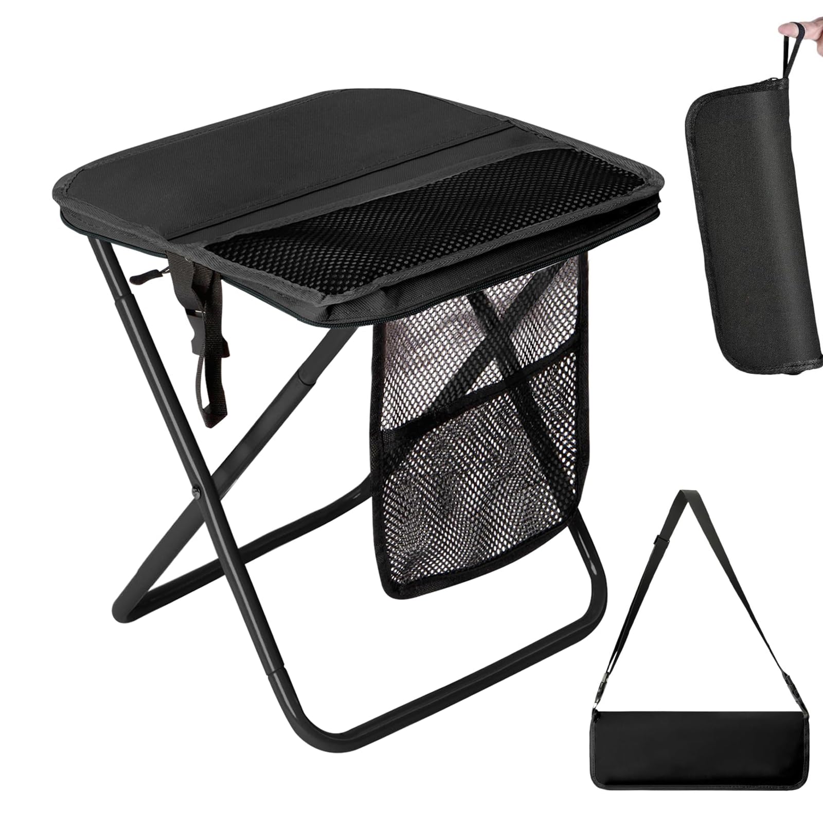 SSJkeji Portable chair Stool with 3 Side Pockets and Shoulder Strap, Extra Large Folding folding camping stool Supports 400 lbs, Ultralight Portable Seat for Camping, Hiking, Fishing (Black)