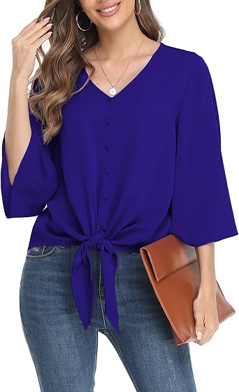 VIISHOW Womens Button V Neck Chiffon Tops 3/4 Bell Sleeve Tie Knot Casual Blouses Loose Summer Shirts