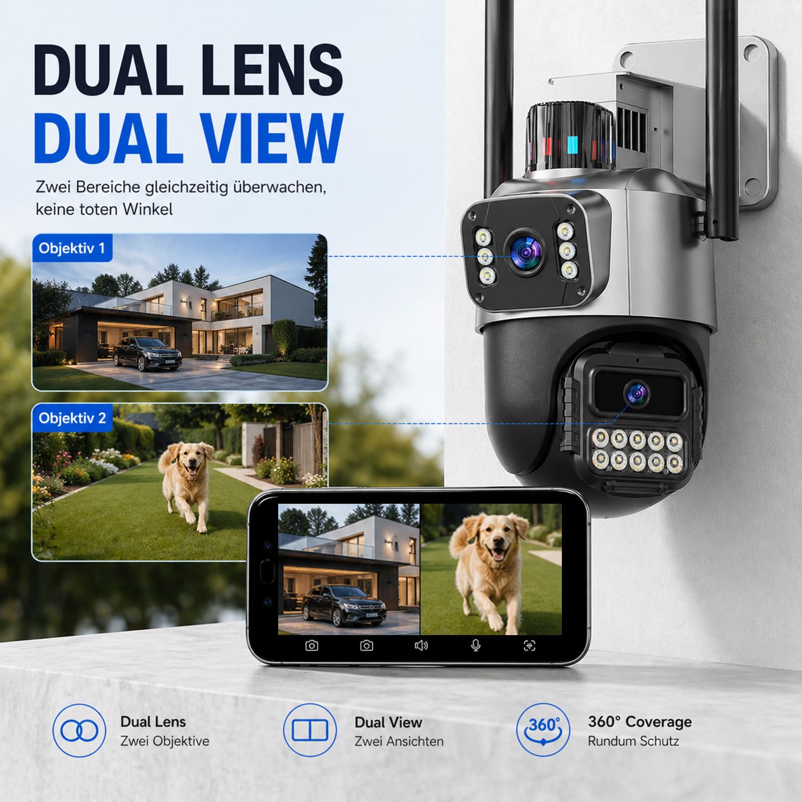 Überwachungskamera Aussen, 6MP Dual-Objektiv Kamera Überwachung Aussen, 360° PTZ, 6X Zoom, 5GHz/2.4GHz, Farb-Nachtsicht, Bewegungserkennung, Zwei-Wege-Audio, IP66, Netzbetrieb