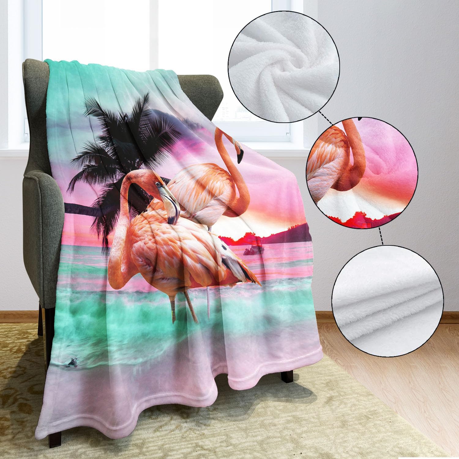 Beautiful Flamingo Throw Blankets 50" x 60" Fleece Blanket with Animal Beach Sea for Sofa Bed Pink