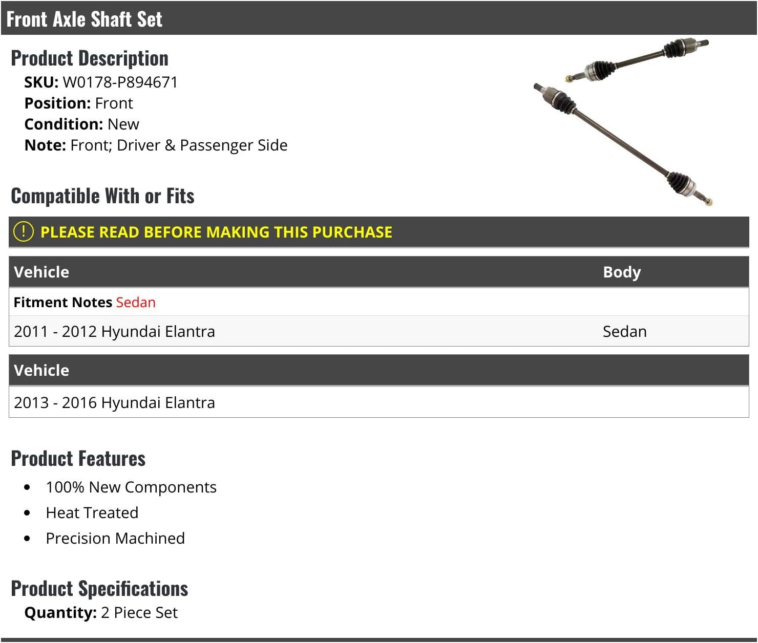 Marketplace Auto Parts Front Axle Shaft 2 Piece Set - Compatible with 2011-2016 Hyundai Elantra Sedan