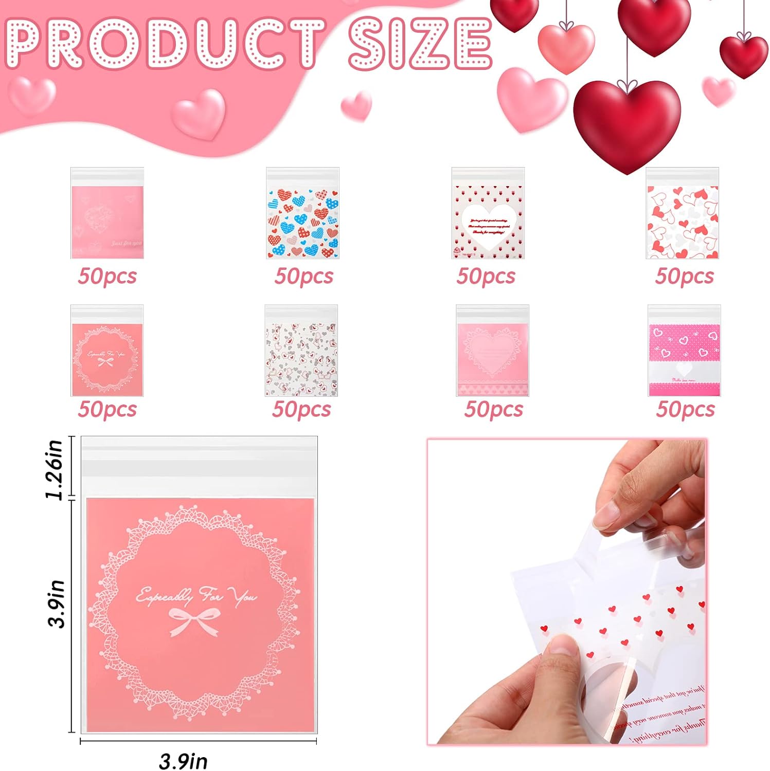 Fumete 400 Pcs Valentine's Day Cellophane Treat Bag Self Adhesive Clear Opp Plastic Resealable Bag 4x4 Inch for Candy Cookies Party Favors - Image 2