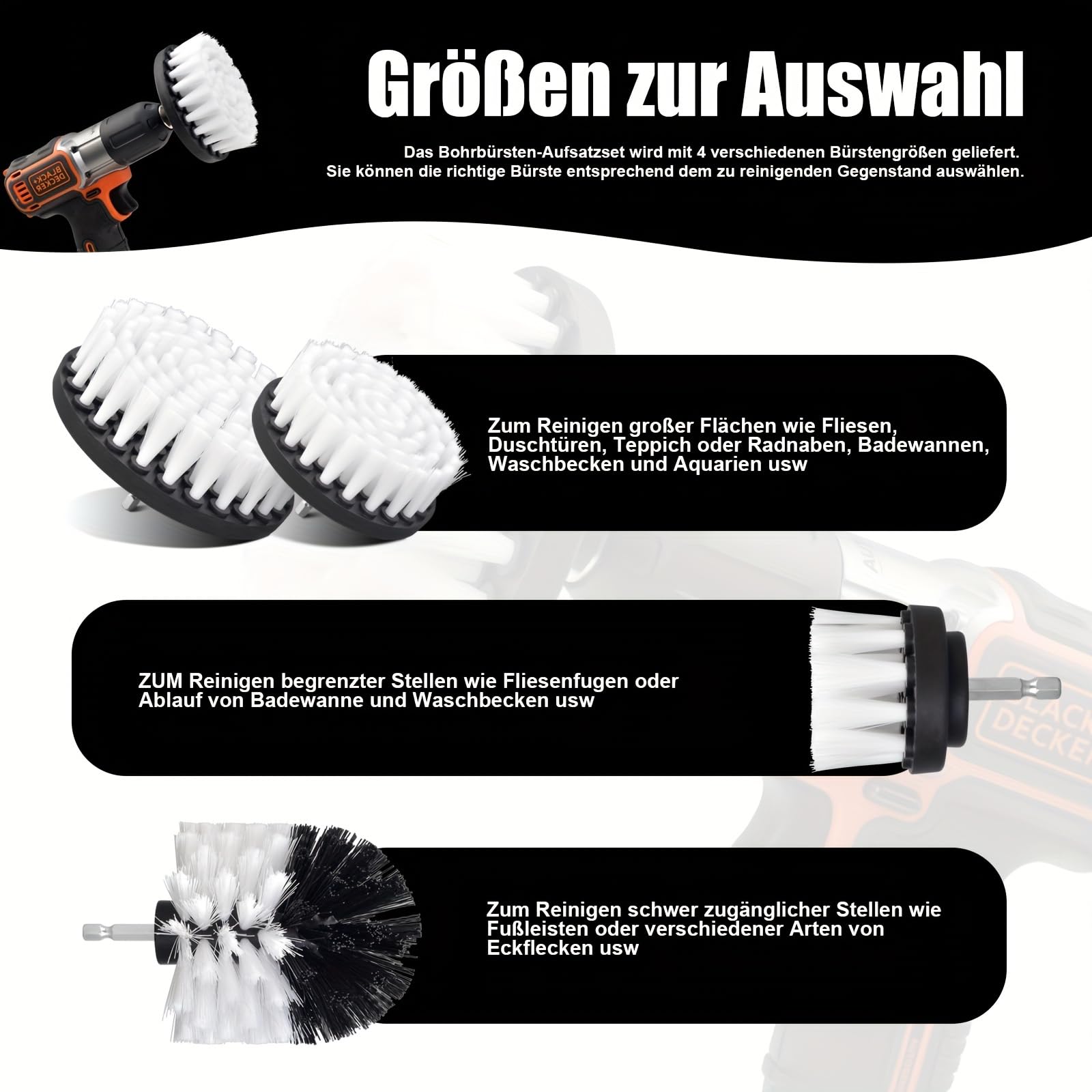 Set 4 Spazzole Rotanti Per Trapano, Dimensioni 2''-5'', Testine In Nylon, Per Pulizia Di Vasca, Lavello, Piastrelle, Auto, Accessorio Universale Per Trapano Elettrico - 2
