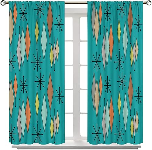 Miniatura 8 de Kazynee Cortinas opacas modernas de mediados de siglo con bolsillo para barra, fondo abstracto esmeralda con estampado geométrico de diamantes de