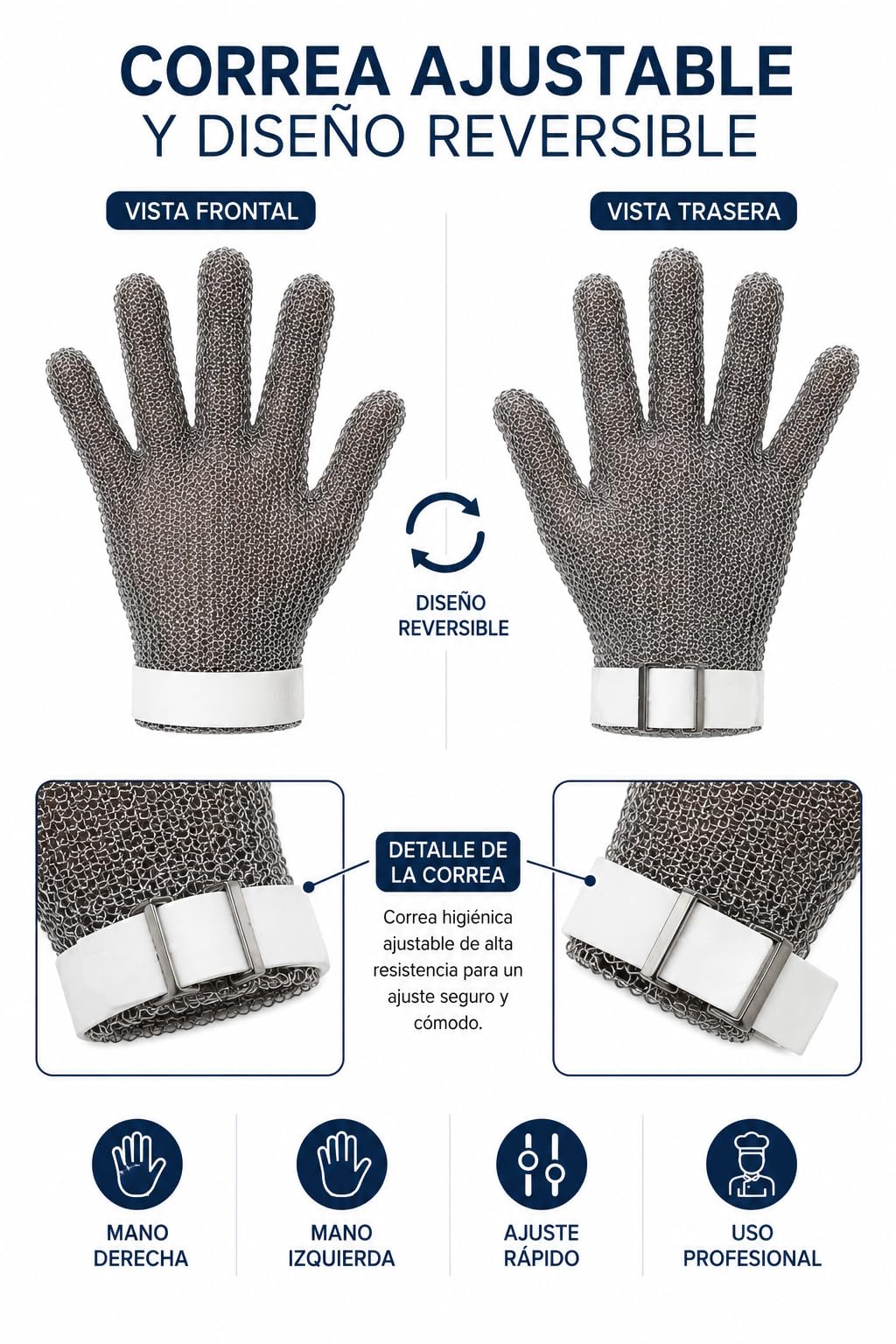 Guante Anticorte de Malla Acero Inoxidable, Guante Carnicero Reversible con Correa, Ambidiestro 5 Dedos, 5 Tallas XXS a L, Cocina Profesional Carnicería Pescadería (XS)