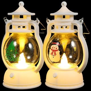 KALLORY 2pcs Xmas Christmas LED Lantern Plastic Hanging Decoration White | Desktop Light for New Year Parties, Festive Table Decor, Christmas Parties, Portable Lamp