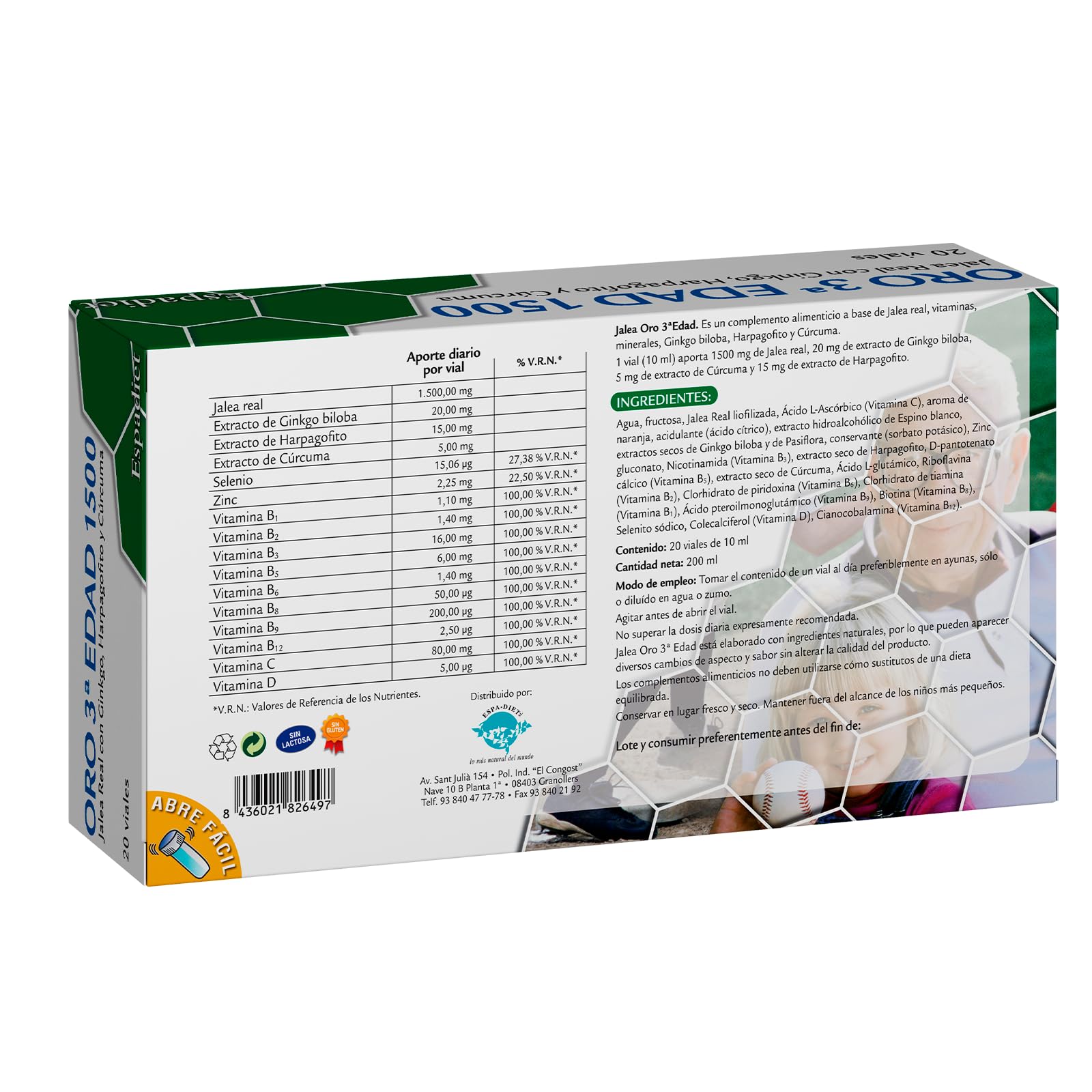 Espadiet Jalea oro 3ra edad 1500– Con Gingko Biloba, Harpagofito, Cúrcuma, Zinc Vitaminas C, del Complejo B y D – Salud del Corazón, Cognitiva, Ósea y Antioxidante – 20 viales de 10ml