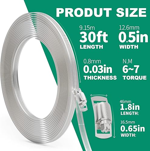 Miniatura 9 de Abrazaderas de manguera de 20 pies, kit surtido de abrazaderas de manguera de acero inoxidable 304, correas de metal con agujeros + 10 sujetadores,