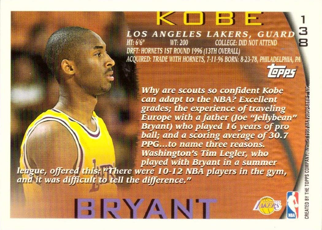 1996-97 Topps Basketball #138 Kobe Bryant Rookie Card