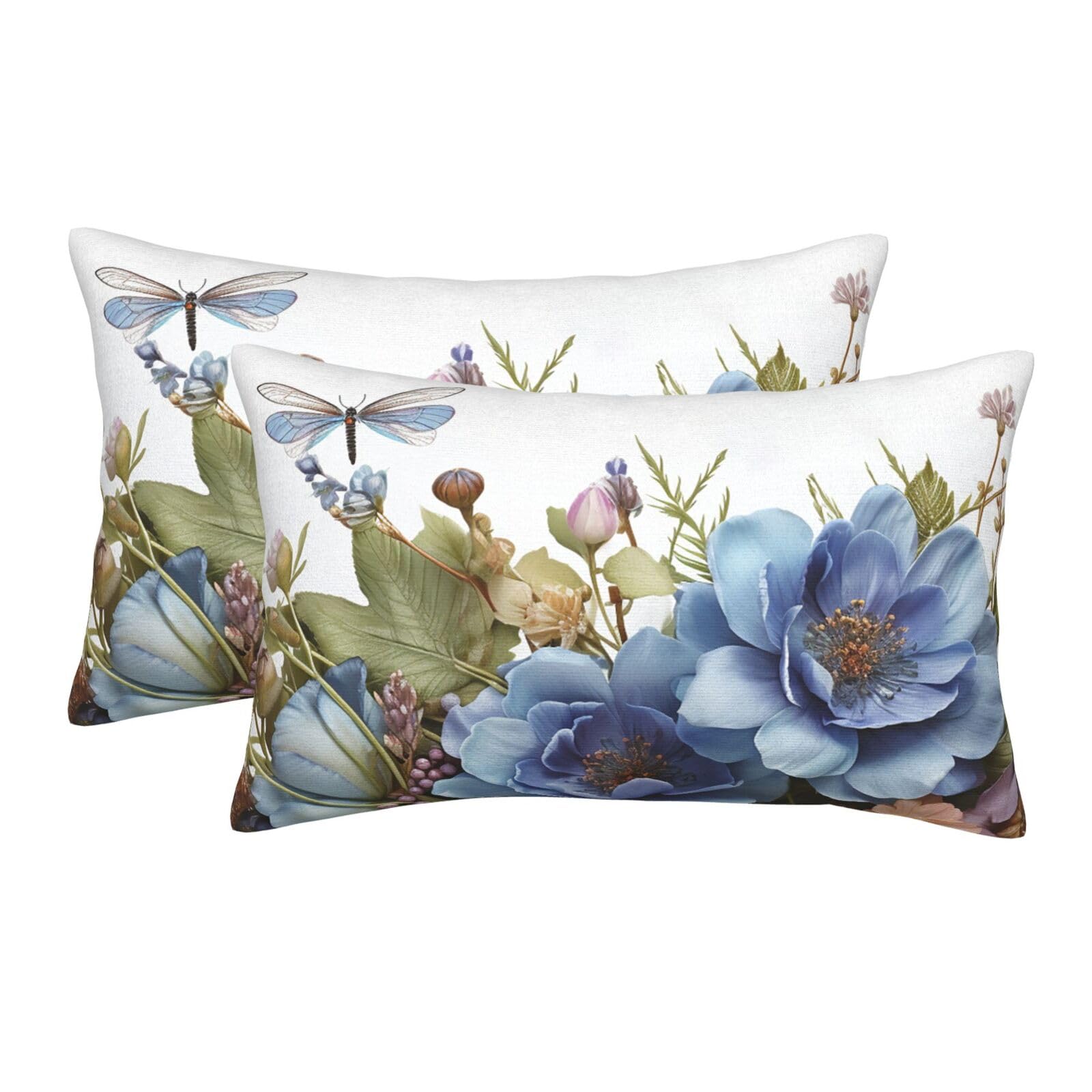 2 Pack Standard Size Pillow Cases for Hair and Skin Soft Breathable Pillow Case Covers with Hidden Zipper Blue Flowers and Dragonfly Pillowcase 14"x20" Pillow Cover for Sleeping Gift