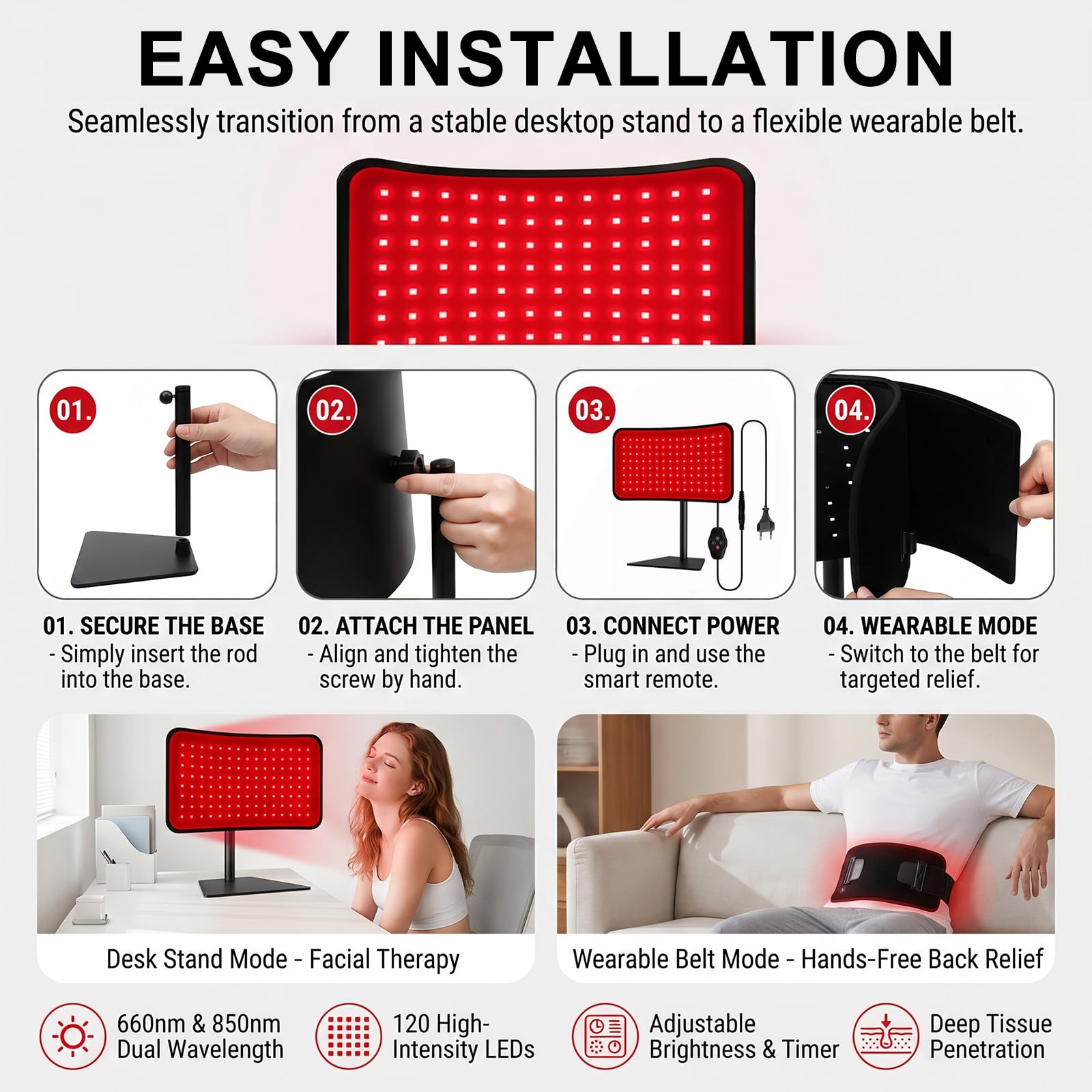 Terapia della luce rossa per viso e corpo, pannello 2 in 1 con cinghia, lampada per terapia a infrarossi vicini da 660 nm e 850 nm, con telecomando, 5 livelli di luminosità e timer, regalo per donne e
