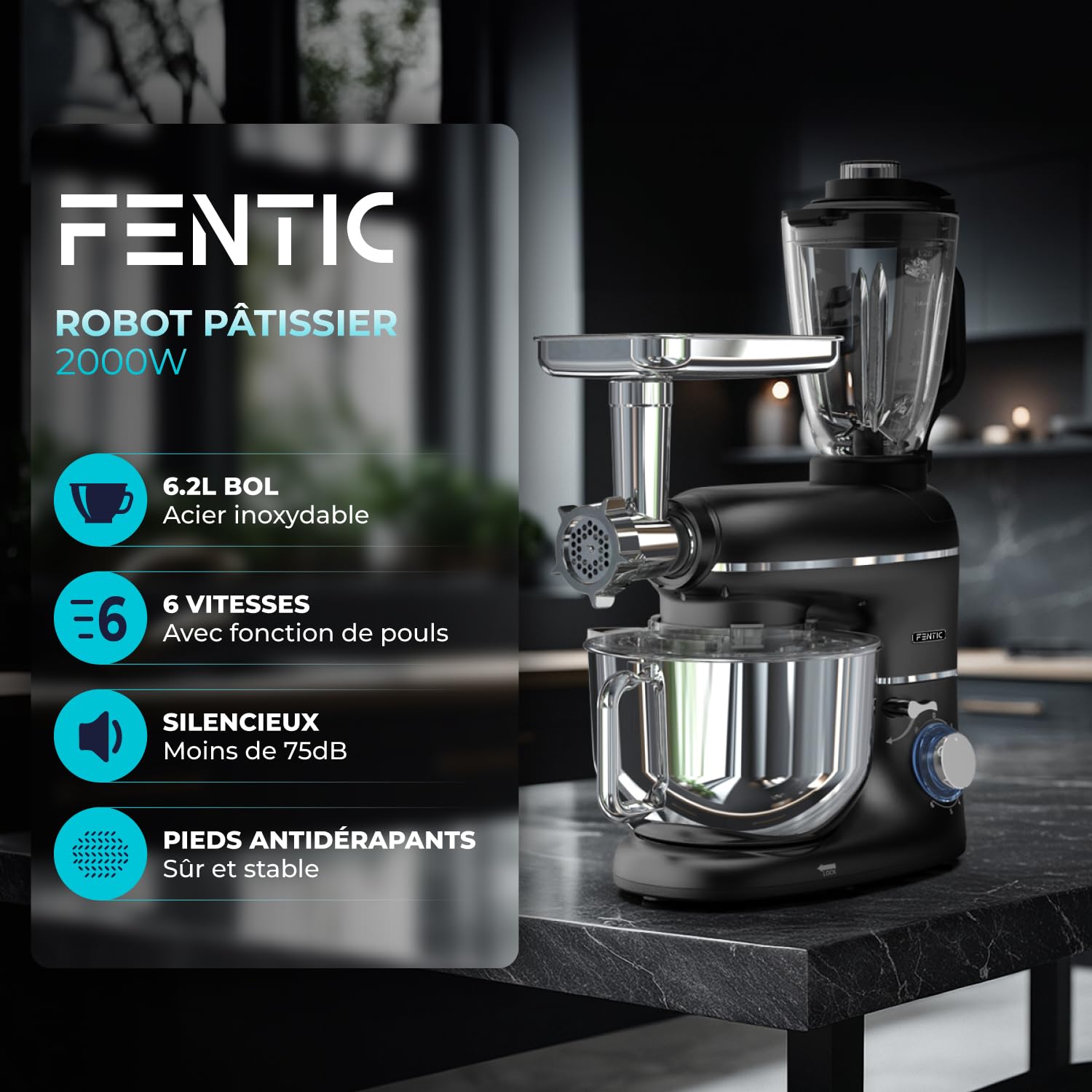 6 en 1 Robot Pâtissier – 2000W - Av. Hachoir à Viande, Mixeur 1,5L, Cutter, Accessoires – Robot Cuisine Multifonctions Av. 6,2L Bol Mélangeur, Fouet, Crochet Pétrisseur, Batteur (Noir)