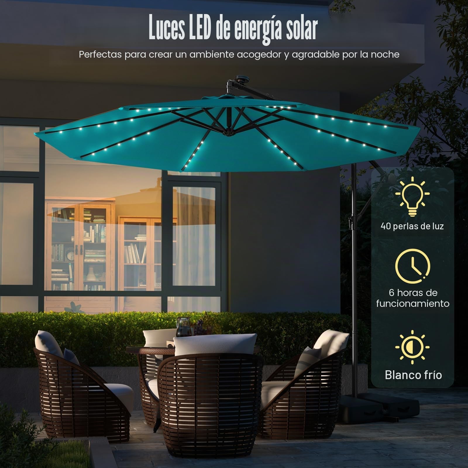RELAX4LIFE Sombrilla Terraza 3x3m con 40 Luces LED Solar, Sombrilla Inclinable con Base en Cruz, Manivela Manual y 2 Sacos de Arena, Protección Solar, Parasol para Jardín, Terraza y Patio