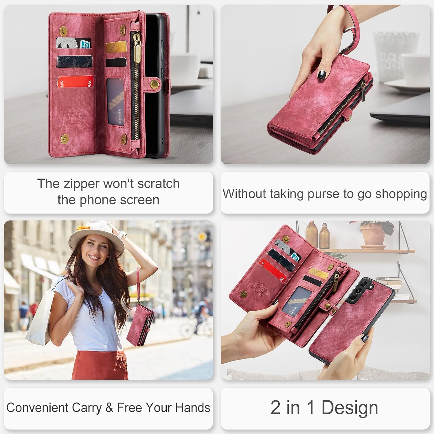 Asuwish Phone Case for Samsung Galaxy S21 FE Gaxaly S 21 FE 5G Zipper Wallet Cover with Tempered Glass Screen Protector and Flip Card Holder Cell Accessories Glaxay S21FE5G UW S21FE 21S G5 Women Red