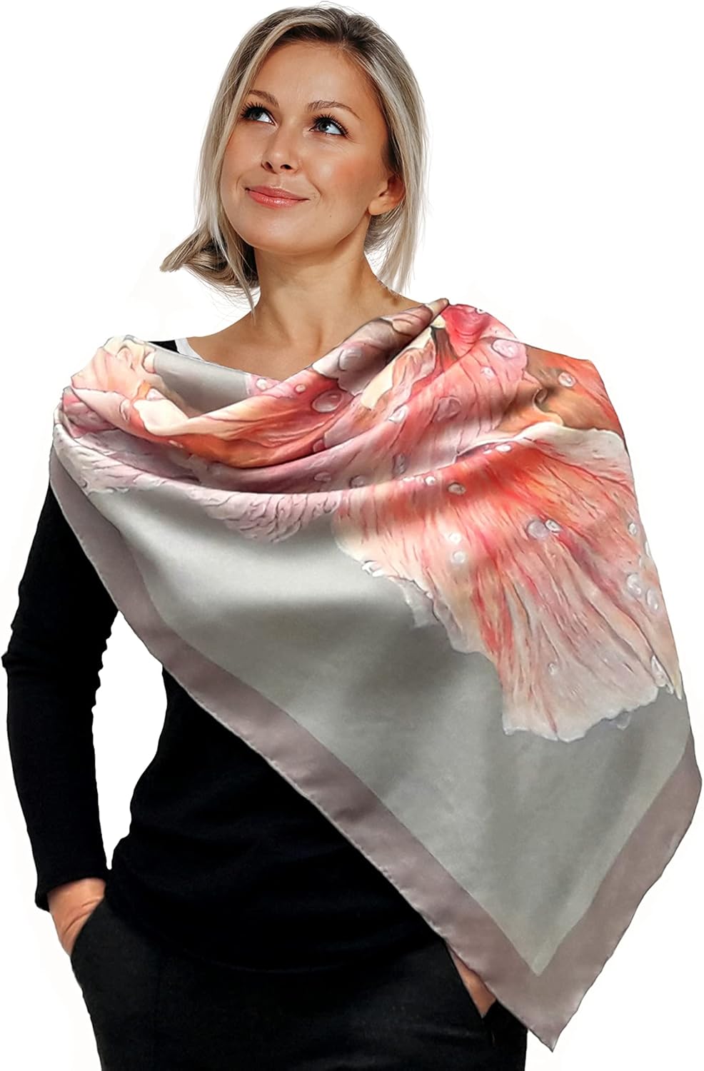 Designer Square Silk Scarf for Women Hand Painted and Printed Grey Shawl with Pink Rose Unique by EdGalArt