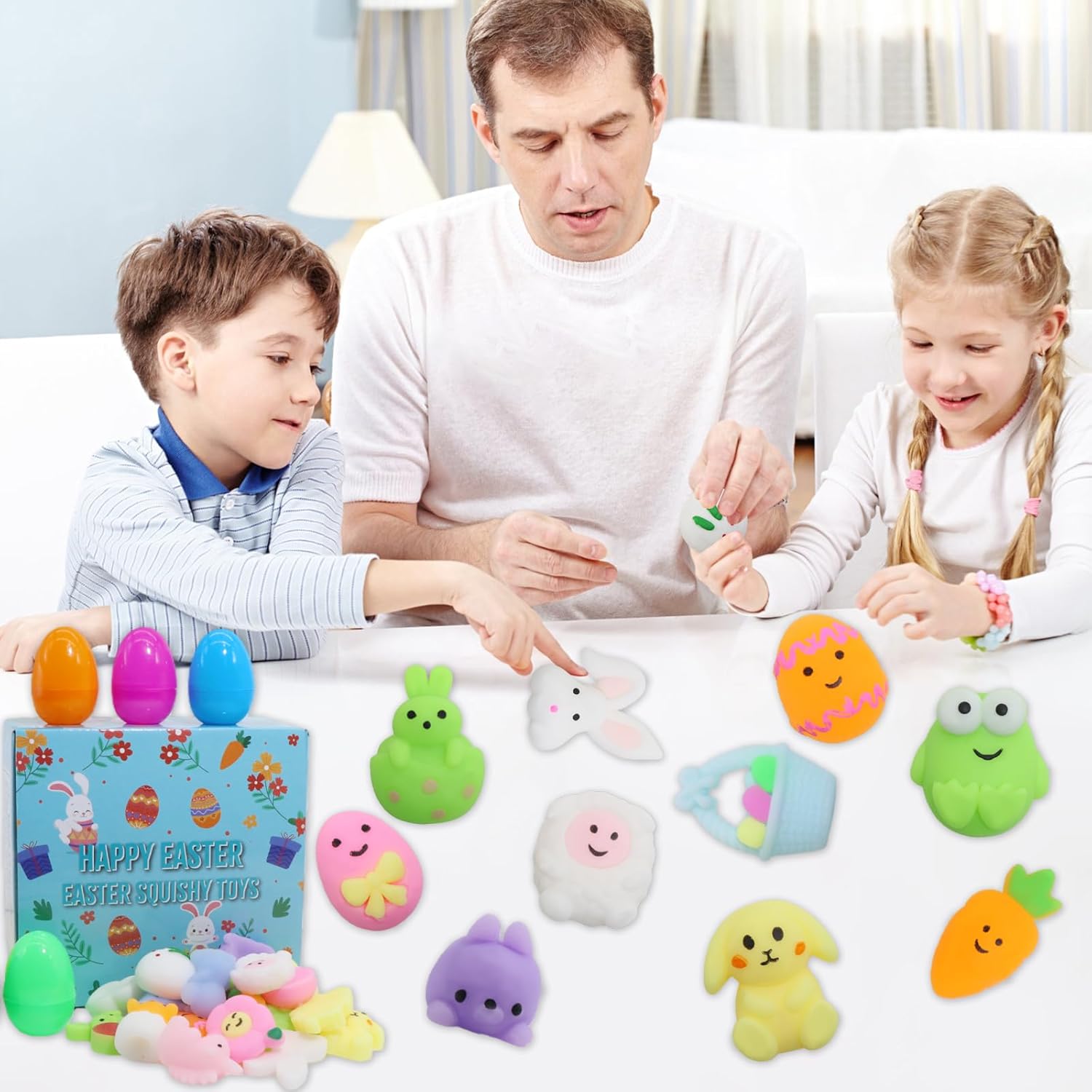 24 Pcs Easter Eggs with Mochi Squishy Toys, Animal Stress Reliever Squishy Toy for Kids Easter Eggs Hunt, Party Favor, Basket Stuffers, Classroom Prize Supplies
