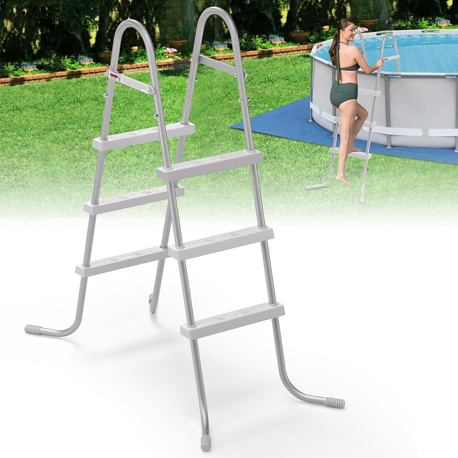 33" 2-Step Steel Frame Above Ground Swimming Pool Ladder,Heavy Duty Double Sided Removable Pool Steps,Pool Ladder Steps with Non-Slip Plastic Steps for Entry and Exit