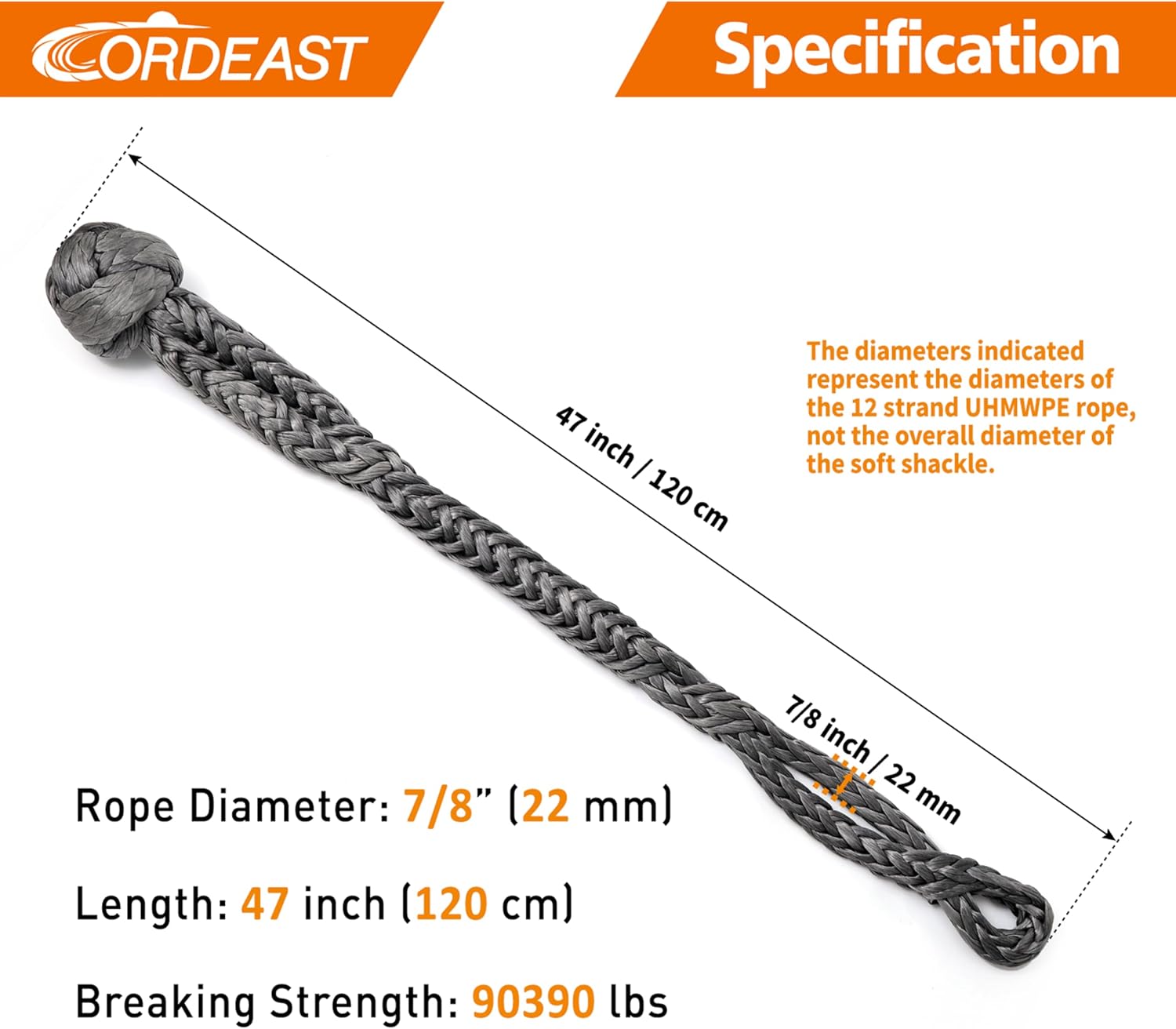 Synthetic Soft Shackle 7/8" x 47" (90,390 lbs Breaking Strength) Large Long UHMWPE Rope Shackle for Heavy Duty Off-Road Recovery, Commercial Towing, Agriculture & Marine (Gray, 1-Pack)