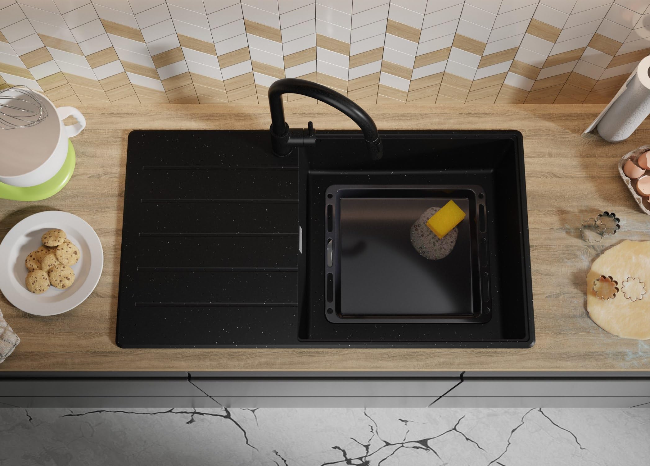 PRIMAGRAN Lavello da Cucina Nero Metallico 90x50cm, Lavandino in Granito a 1 vasca + Sifone Classico, Lavabo da Cucina Incasso al Mobile 60cm - Copenhagen Top S661