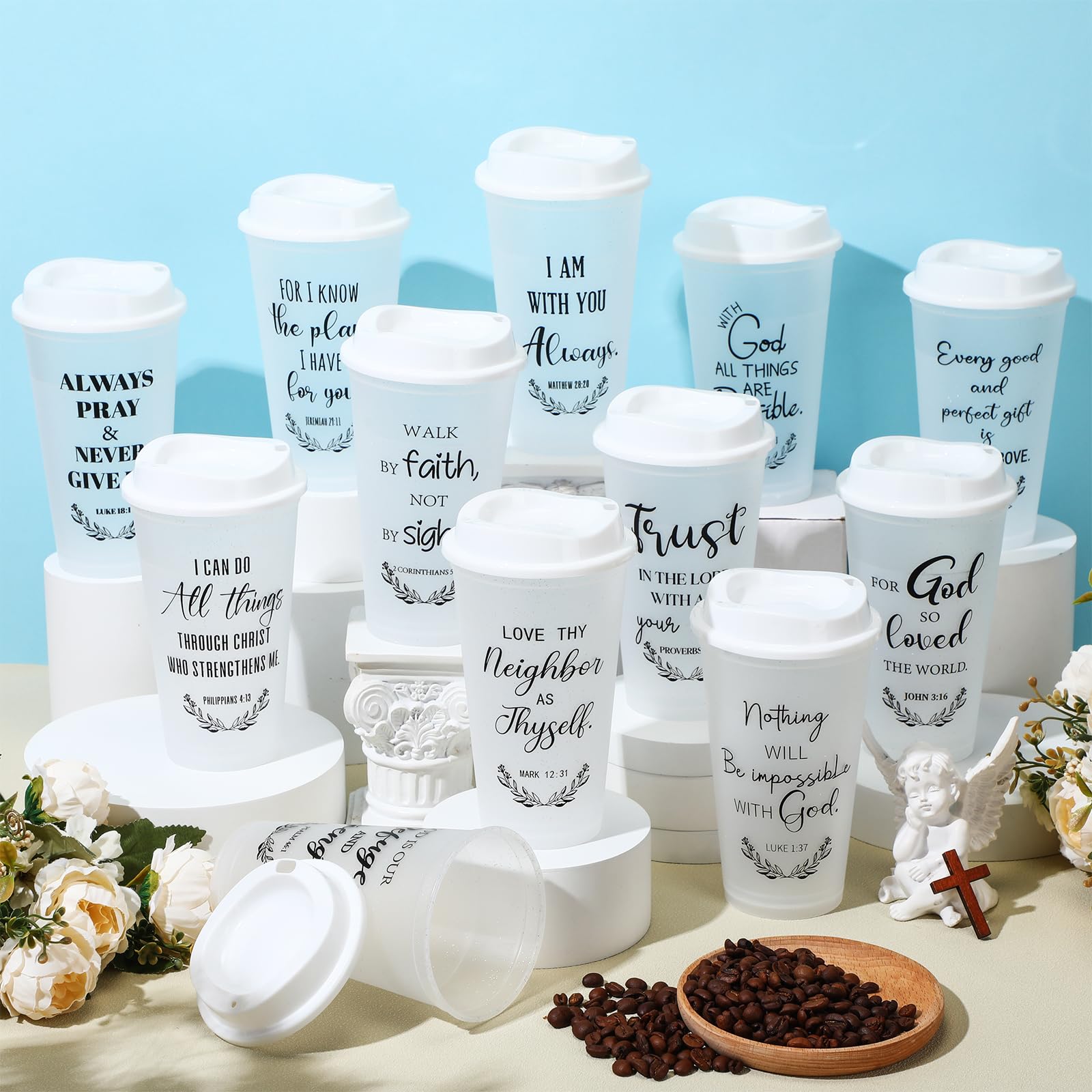 Christliche Kaffeetassen Mit Bibelversen – 72 Stück, 473 Ml, Mit Deckel & Strohhalm, Aus Kunststoff