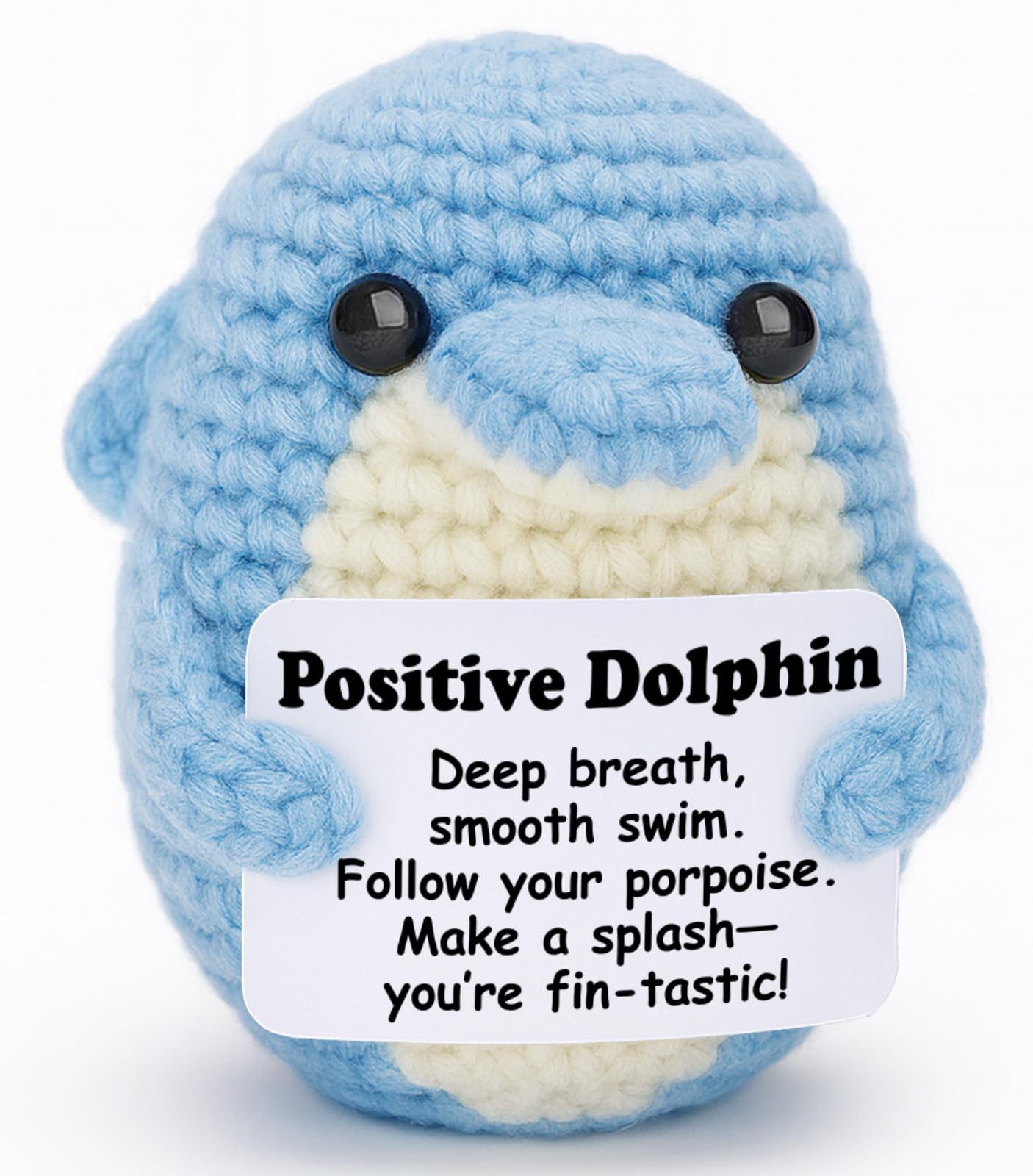 Weming Positive Encouragement – Mini Crochet Dolphin Plush with Message Sign, Handmade 4-inch, Fin-Tastic Pun, Kawaii Desk Shelf Decor, Year-Round Uplift