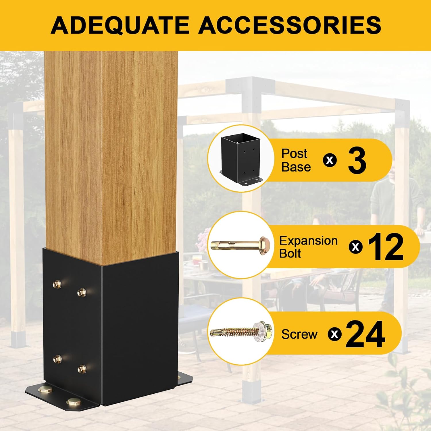 4×4 Post Base 3 Pcs, Inner Size 3.6"x3.6" Post Base Brackets, Heavy Duty Powder-Coated Post Anchor Matte Black Wood Post Brackets for Pavilion Deck Railing Support Deck Base Plate