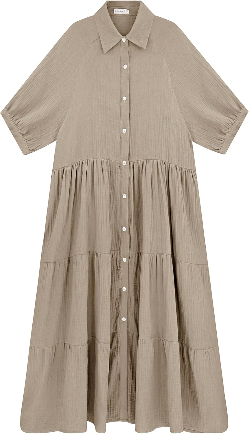 R.Vivimos Women's Summer Cotton Half Sleeves Button Down Casual Loose Slit Midi Dress with Pockets - Image 4