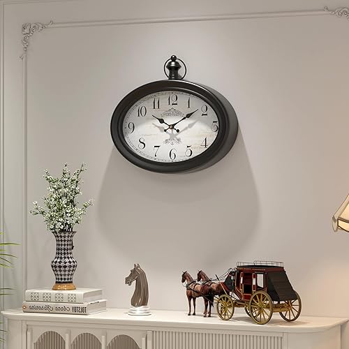Miniatura 3 de Reloj de pared ovalado retro, estilo antiguo vintage, negro, funciona con pilas, para granja, sala de estar, cocina, dormitorio, baño (10.5 pulgadas