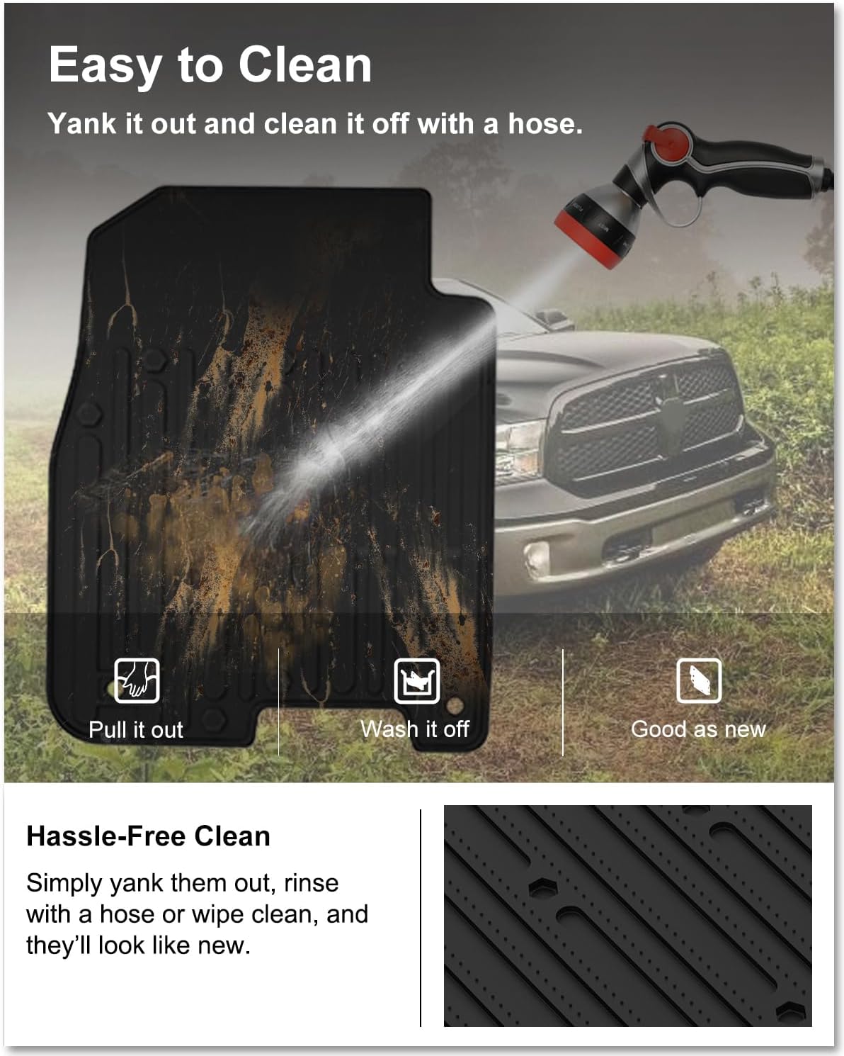 KIWI MASTER Floor Mats for 2009-2018 Dodge Ram 1500/2500/3500 Crew Cab, 2019-2024 Ram 1500 Classic Crew Cab, All Weather Car Mats, Custom Fit TPE Floor Liners, Front & Rear 2 Row, Black - Image 7