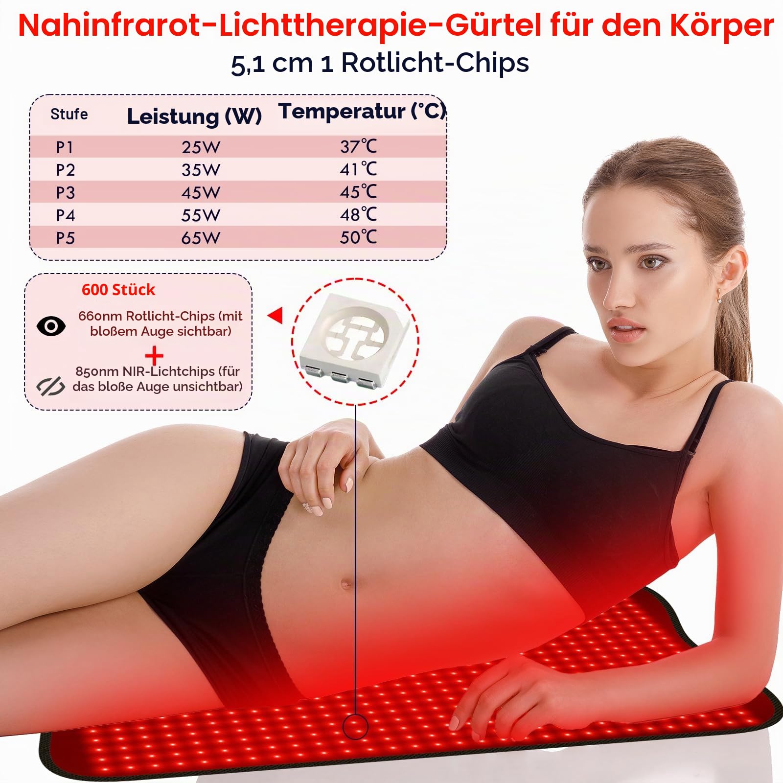 600 LED Rotlichtpad, 120 cm x 60 cm großes Rot und Nahinfrarotlichtpad für den ganzen Körper, 660 nm & 850 nm, 6 Timerstufen & 5 Helligkeitseinstellungen, 3 Modi
