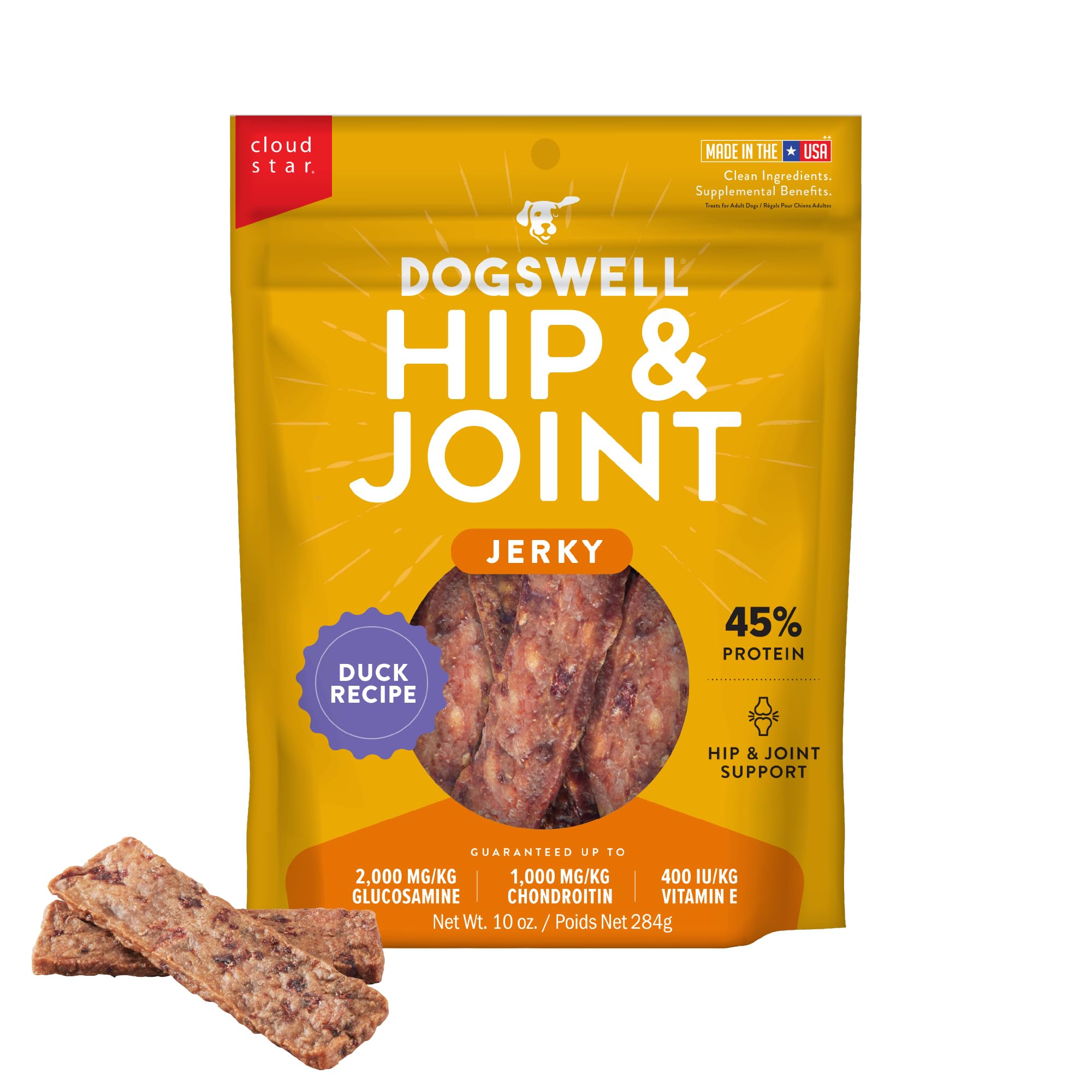 DOGSWELL Jerky Hip and Joint Dog Treats Grain Free Made in USA Only, Glucosamine and Chondroitin, 10 oz Duck (842194)