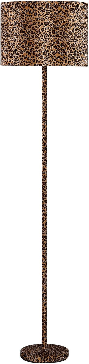 Benjara Fabric Wrapped Floor Lamp with Dotted Animal Print, Brown, Black