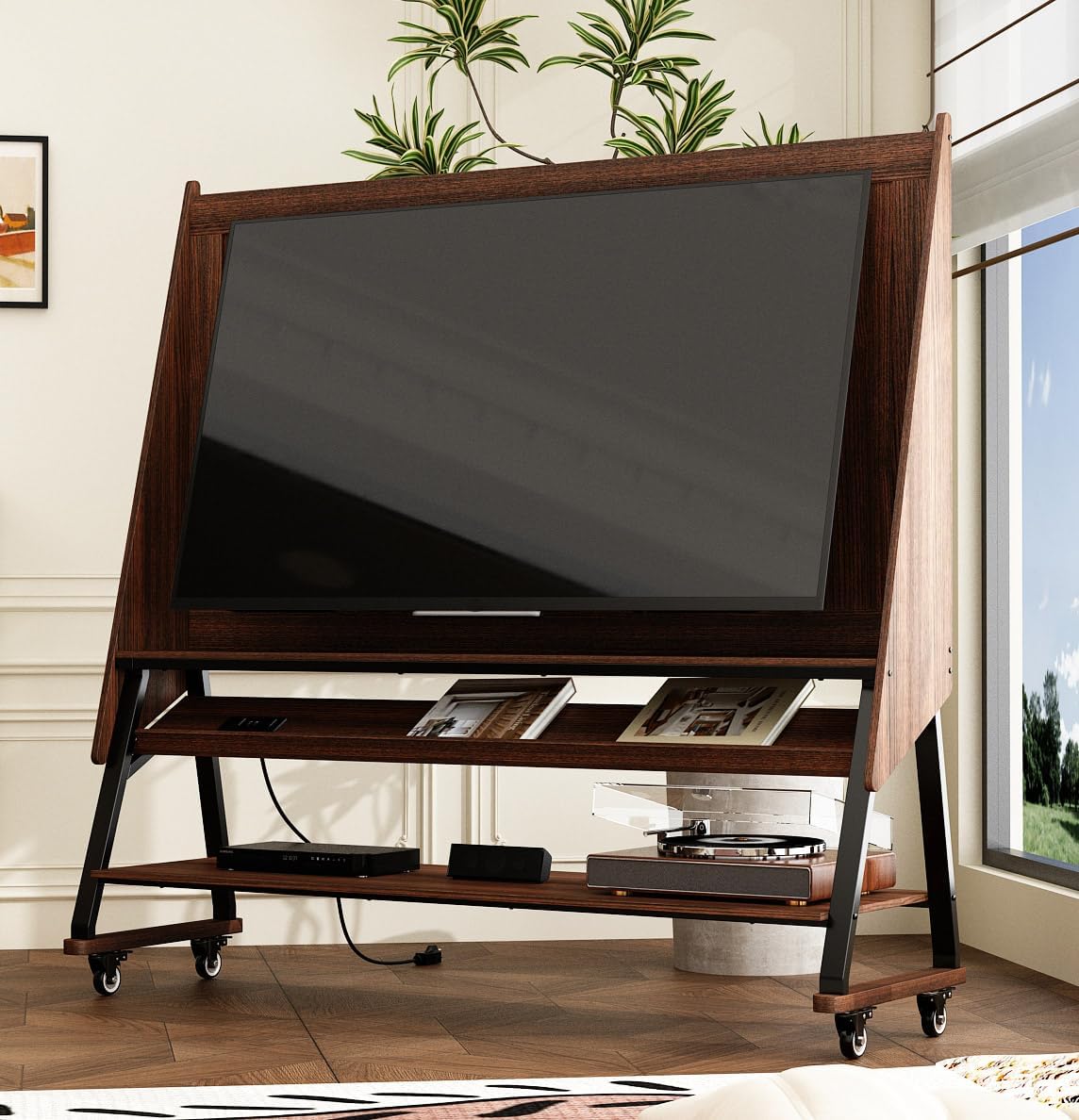 Rolling TV Stand, Mid Century Modern Portable Mobile TV Stand on Wheels with Sockets, Iron TV Hanger and 2 Shelves for Living Room, Bedroom, Brown(18.5" D x 60.2" W x 58.4" H)