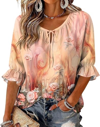 Boho Tops for Women Fall 3/4 Sleeve Lace Up Peasant Blouse Dressy Casual Blouses