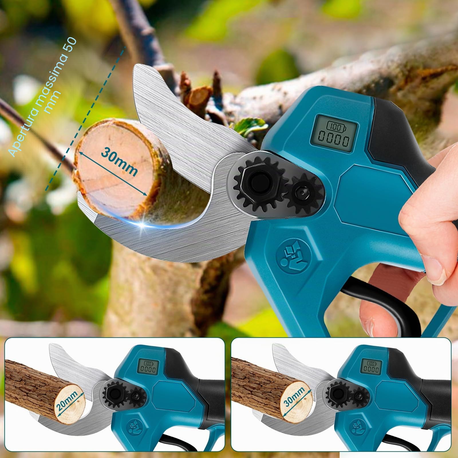 WingFly Troncarami a Batteria, Forbici Potatura Elettrico con 2 Batterie, Motore senza spazzole, Diametro massimo 28 mm, Adatto per aiuole, Giardini, rami (Blu)